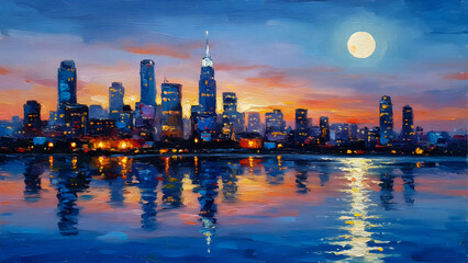 City Skyline at Sunset With Moon Over Calm Water Reflection in Atmospheric Urban Nightscape, A moody city skyline at sunset with a bright moon rising above the horizon ink art