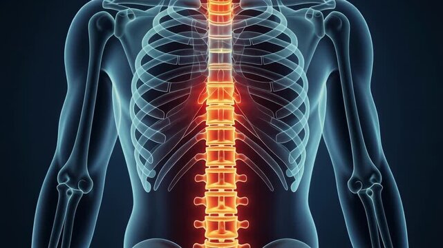 Human spine anatomy with highlighted lower back pain and skeletal system medical illustration