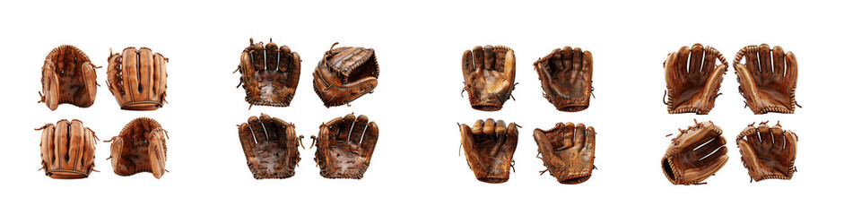Obraz premium Collection of weathered leather baseball gloves in various poses and conditions isolated on transparent background