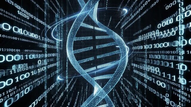 Digital DNA double helix with binary code data visualization in futuristic technology concept
