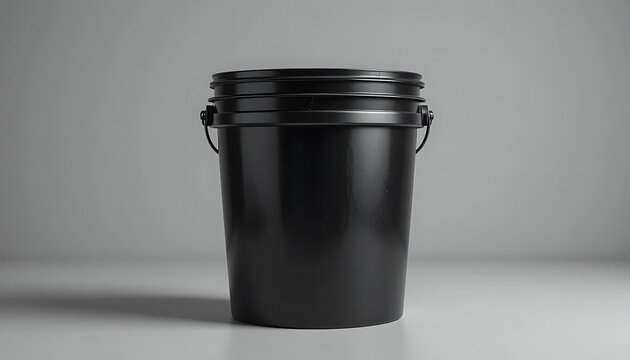 Large black plastic bucket standing on a flat surface against a neutral background. 5 gallon pail
