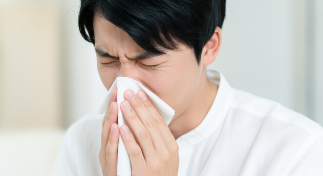 ティッシュで鼻をかむ男性：花粉症や風邪の症状で鼻をかむ若い男性の表情