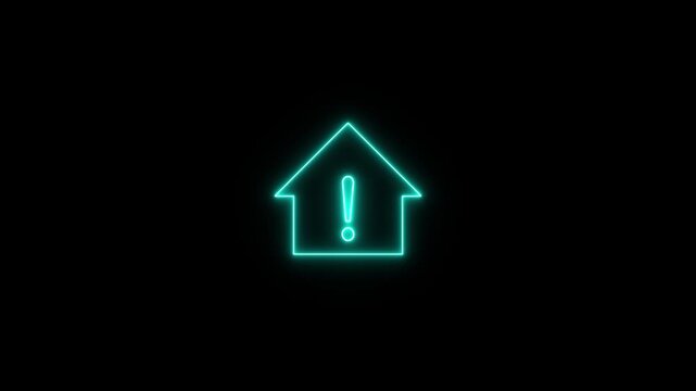 Animated neon line warning icon with a house inside on black background. Abstract home and exclamation icon. Neon warning concept.