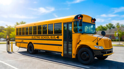 Bright yellow school bus parked in a sunlit lot at an electric charging station
