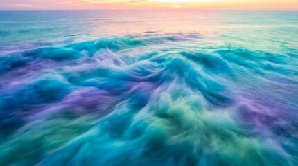 Vibrant fluffy Ocean Waves Crashing at Sunset Over Turquoise Sea With Colorful Sky and Horizon