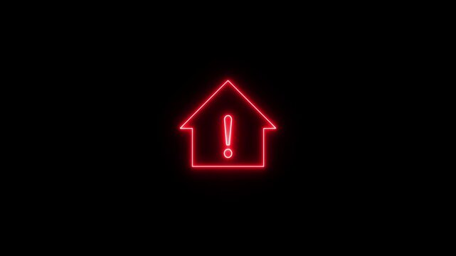 Animated neon line warning icon with a house inside on black background. Abstract home and exclamation icon. Neon warning concept.