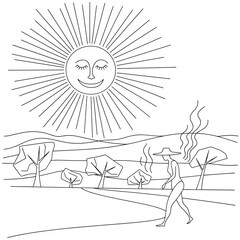 Man on the beach and swing cartoon coloring illustration