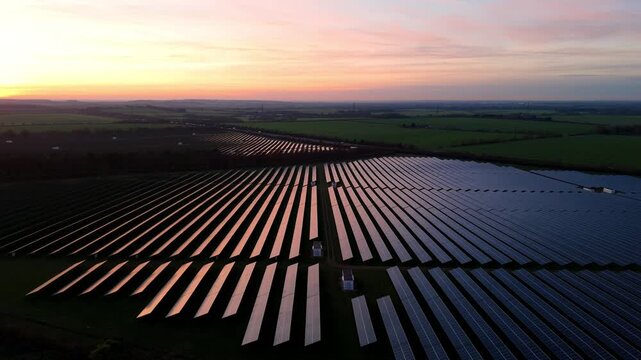 Cinematic 4K drone footage of a Suffolk solar farm at golden hour with the winter sunset reflecting off thousands of silicon photovoltaic cells.