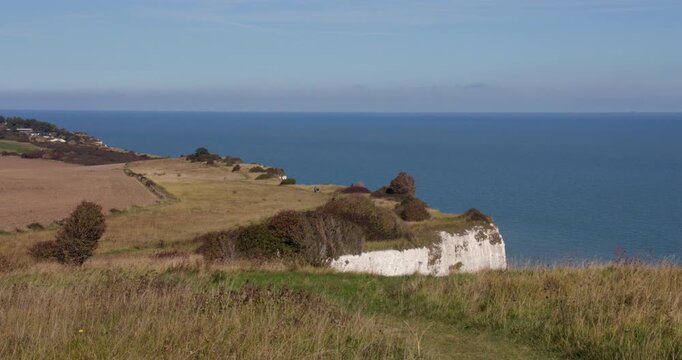 Wide shot of the white cliffs of Dover on the English Channel
