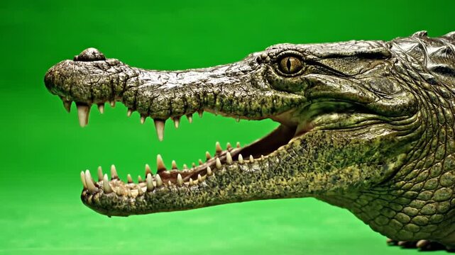 Close-up profile view of a crocodile with its mouth open, showing sharp teeth against a green background.