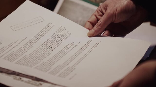 Close-up of an anonymous person reading confidential documents and studying thoughtfully Ideal for detective work, decision making, and historical investigation visuals.