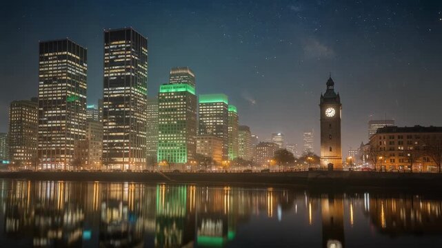 Night cityscape with illuminated skyscrapers and clock tower reflecting on calm river under starry sky