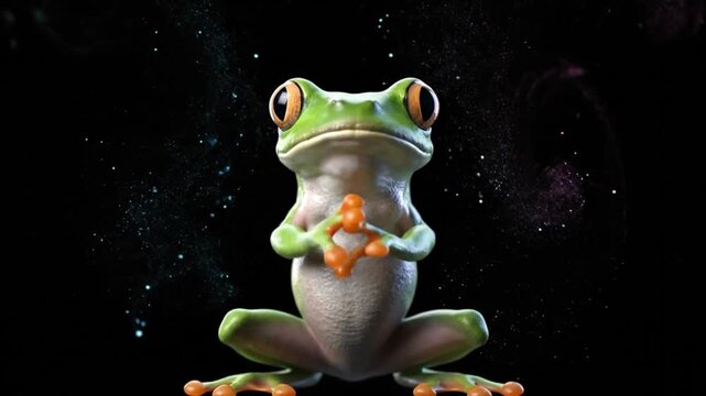 A dancing frog sitting meditatively with eyes open in a dark space surrounded by stars