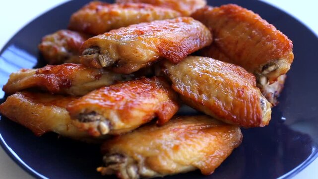 Chicken wings marinated in dark soy sauce, fried in vegetable oil until crispy, arranged on a black square plate