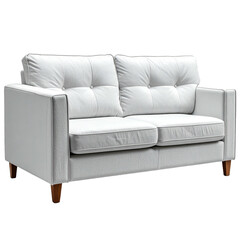 Fototapeta premium White tufted loveseat with wooden legs on white backdrop, studio shot, centered