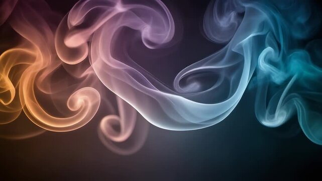Colorful swirling smoke patterns on black background with smooth flowing shapes and artistic light effects