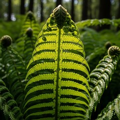 Young fern frond unfurls brightly backlit by forest sunlight filtering through dense canopy