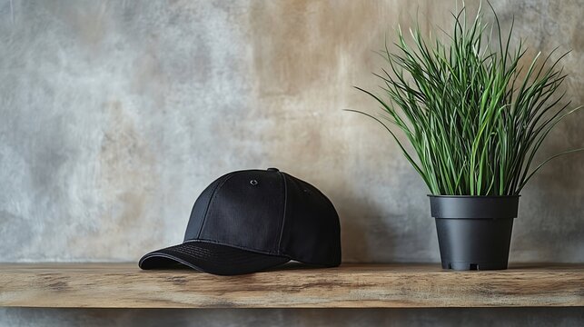 Black cap on wooden shelf with tall grass plant in black pot