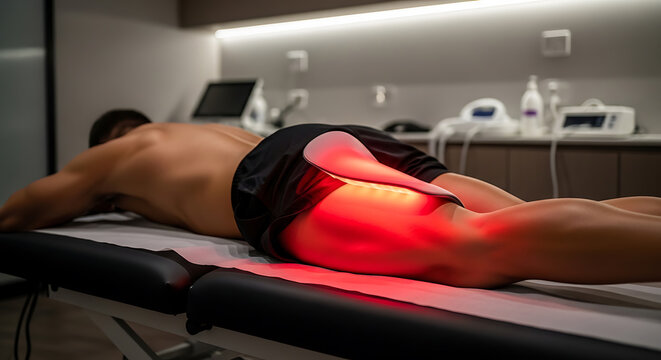 Athlete's leg receiving red light therapy for muscle recovery and pain relief in a professional clinic