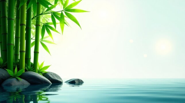 Serene Bamboo Grove on a Calm Water Surface, Sunlight Illuminating Lush Green Leaves and Smooth Stones