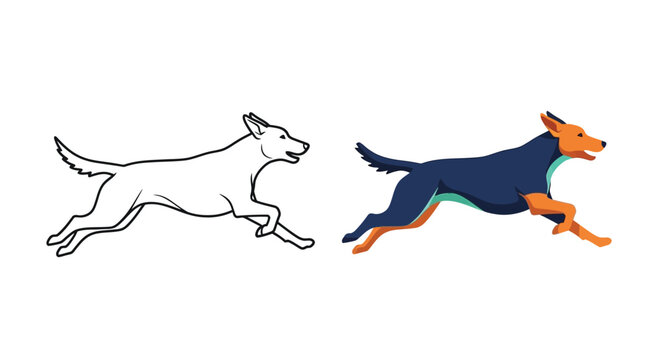 A dynamic vector illustration showcasing two running dogs, one in a clean black outline and the other fully colored, ideal for pet-related graphic design projects requiring playful animal motion.