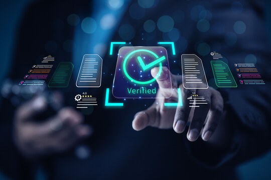 The businessman displays an interface showing digital quality assurance and certification symbols, representing high standards, ISO compliance, and professional business excellence.