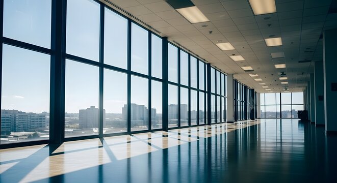 Modern office interior with city view through large windows