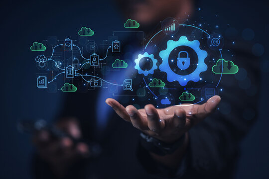 Businessman shows the best quality assurance with five gold stars for product warranty and service concept ISO technology.