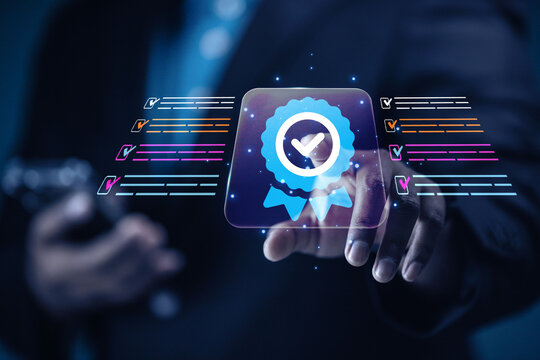 Businessman shows the best quality assurance with five gold stars for product warranty and service concept ISO technology.