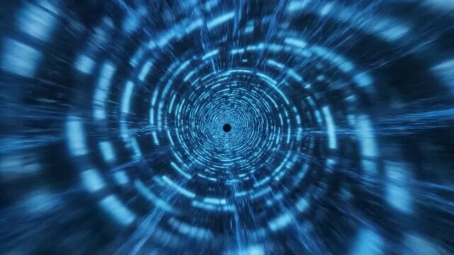 Futuristic blue digital data tunnel with glowing light speed effect.