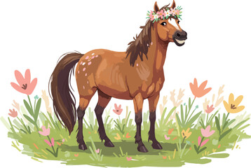 Obraz premium Pixel Art Horse with Flower Crown in Green Field Isolated Vector