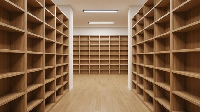 Spacious modern library with rows of empty wooden bookshelves