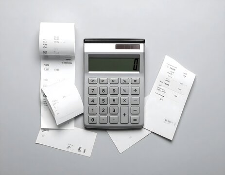 Calculadora con recibos sobre fondo gris concepto de contabilidad