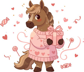 Pixel Art Horse With Pink Sweater Holds Gift Box