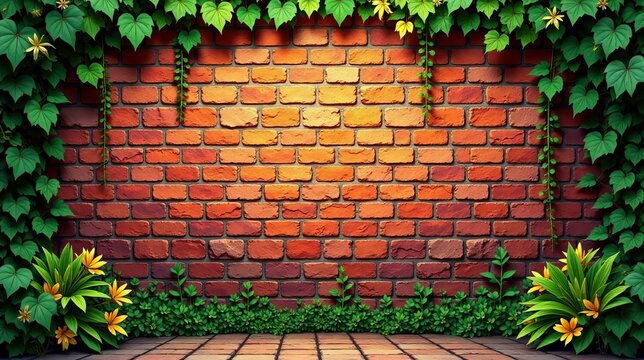 Rustic Brick Wall Backdrop Enhanced with Lush Greenery and Vibrant Yellow Blossoms