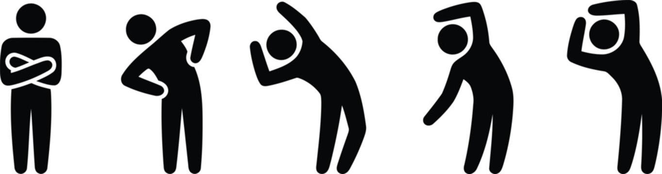 Black stick figures demonstrating a range of simple stretching and flexibility exercises for daily routine