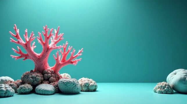 Pink coral reef scene with textured gourds against teal background