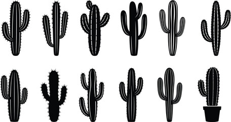 Black cactus silhouettes, twelve desert plant designs, potted cactus illustration, unique shapes collection, isolated white background, minimal vector artwork, botanical concept