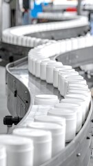 Obraz premium A close-up view of white cylindrical containers on a curved conveyor belt