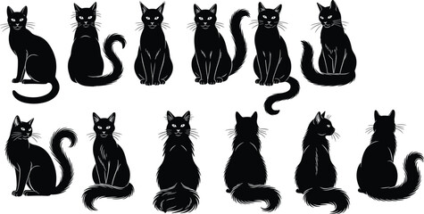 Black cat silhouettes, twelve sitting designs, posture variations, tail positions, feline illustration concept, isolated white background, minimal vector artwork © Md