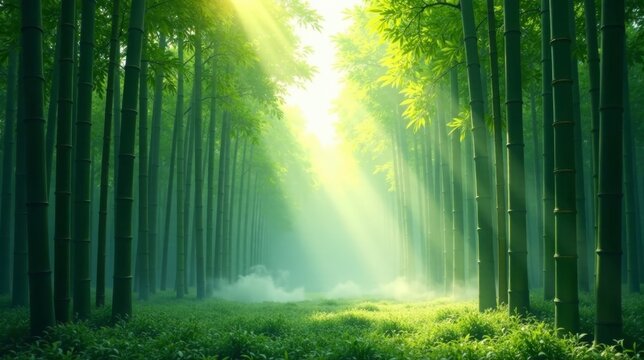 Serene Bamboo Forest Path Sunlight Illuminates Misty Grove with Lush Greenery