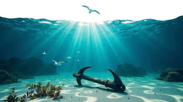 Sunbeams Illuminate an Underwater Scene Featuring a Rusty Anchor and Marine Life