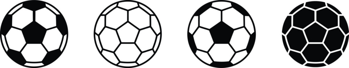 Fototapeta premium Four oval shaped black and white soccer ball icons display various outline and solid styles