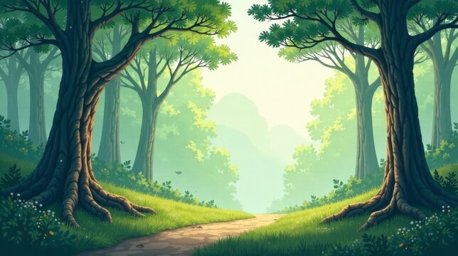 Serene Forest Path A Tranquil Vista of Lush Greenery and Majestic Trees Leading to a Misty Horizon