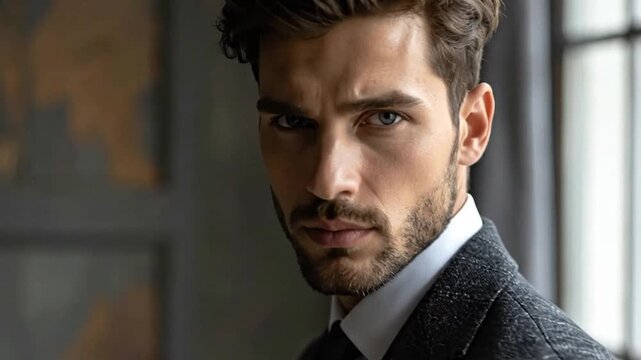A handsome man in a stylish suit looks directly at the camera with a serious expression.