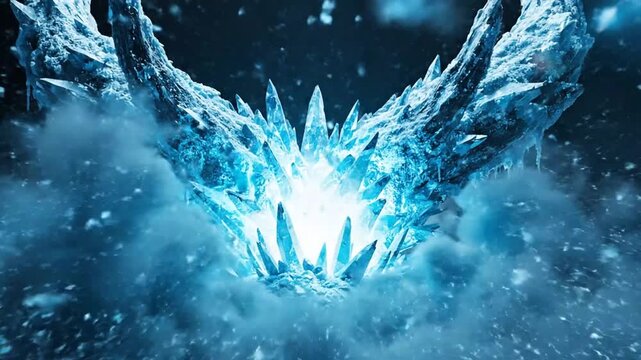 Massive glowing blue ice crystal formation rises from a frozen landscape amidst mysterious clouds at night