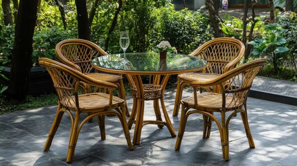 glass top garden table with bamboo chairs .