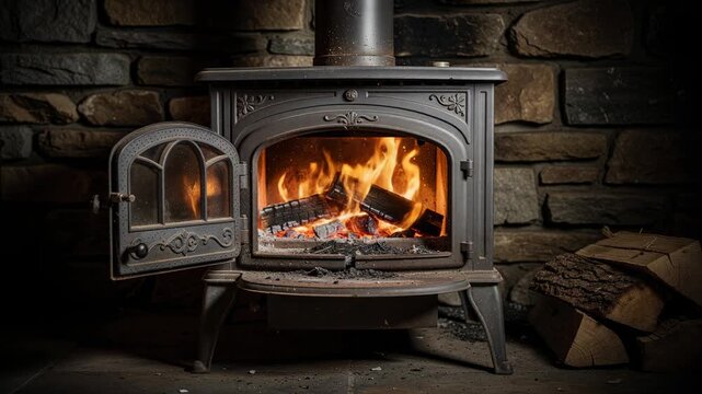 Cozy warm burning firewood in vintage cast iron wood stove with stone wall background