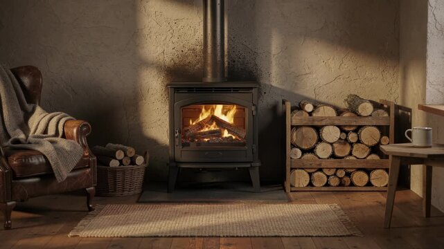Cozy rustic living room with wood burning stove and leather armchair near stacked firewood