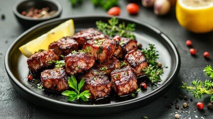 Grilled octopus with lemon, herbs, and olive oil on ceramic plate .